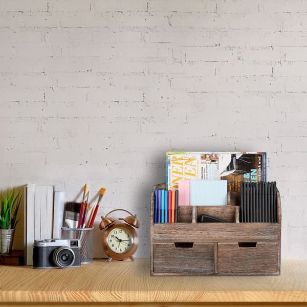 Relaxdays Desk Organizer, Organizer, 6 fack, lådor, tillbehör, HxBxD: 25x36,5x15cm, mörkbrun