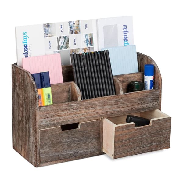 Relaxdays Desk Organizer, Organizer, 6 fack, lådor, tillbehör, HxBxD: 25x36,5x15cm, mörkbrun