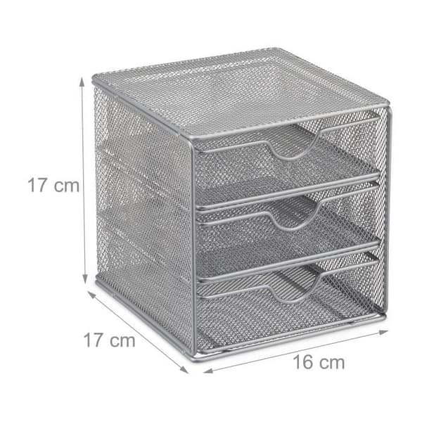 Relaxdays Kontorsorganisator 3 lådor metall förnödenheter pennor redskap HxlxB: 17x16x17cm, silver
