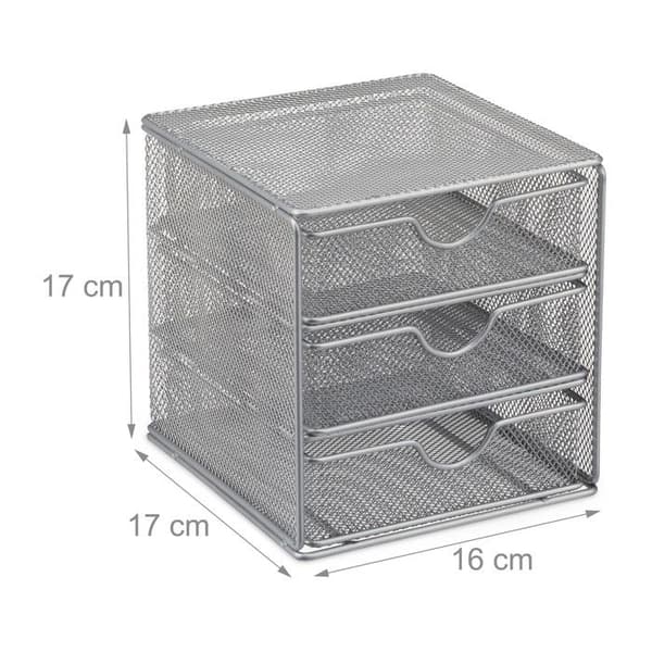 Relaxdays Kontorsorganisator 3 lådor metall förnödenheter pennor redskap HxlxB: 17x16x17cm, silver