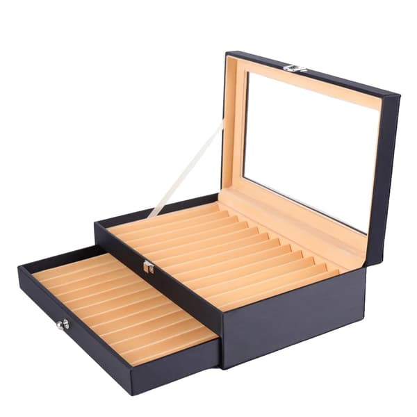 Läderförvaringsorganisatör, rymmer 24 pennor, dubbellagerdesign, transparent topp,svart