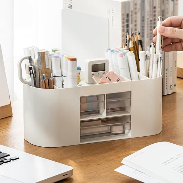 Lollanda Pen Organiser Box – monikäyttöinen pöytäsäilytys, jossa on 10 lokeroa ja kaksi läpinäkyvää laatikkoa