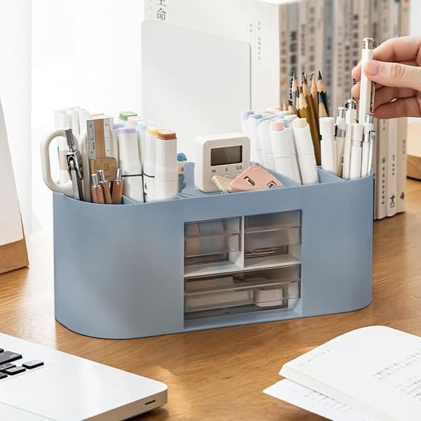 Lollanda Pen Organiser Box – monikäyttöinen pöytäsäilytys, jossa on 10 lokeroa ja kaksi läpinäkyvää laatikkoa