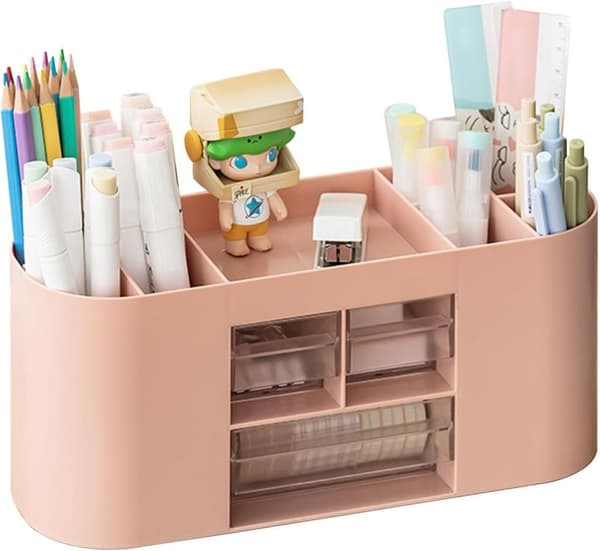 Lollanda Pen Organiser Box – monikäyttöinen pöytäsäilytys, jossa on 10 lokeroa ja kaksi läpinäkyvää laatikkoa Pinkki
