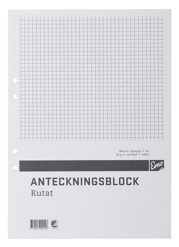 Anteckningsblock A4 100 blad hål TF rut 5st