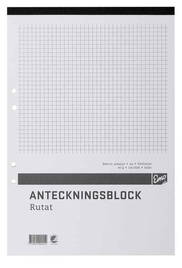 Anteckningsblock A4 100bl hål perf rutat 5st