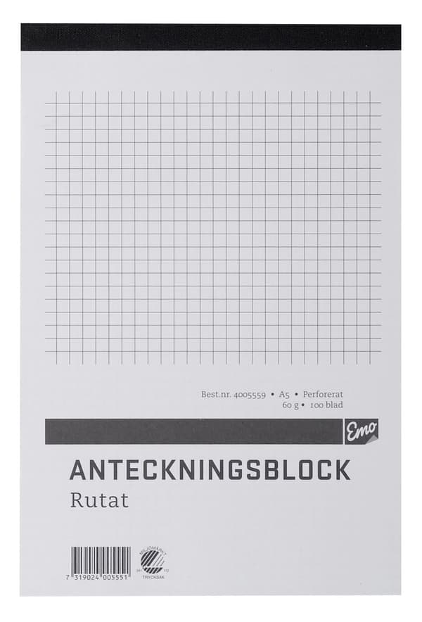 Anteckningsblock A5 100 blad perf rutat 10st