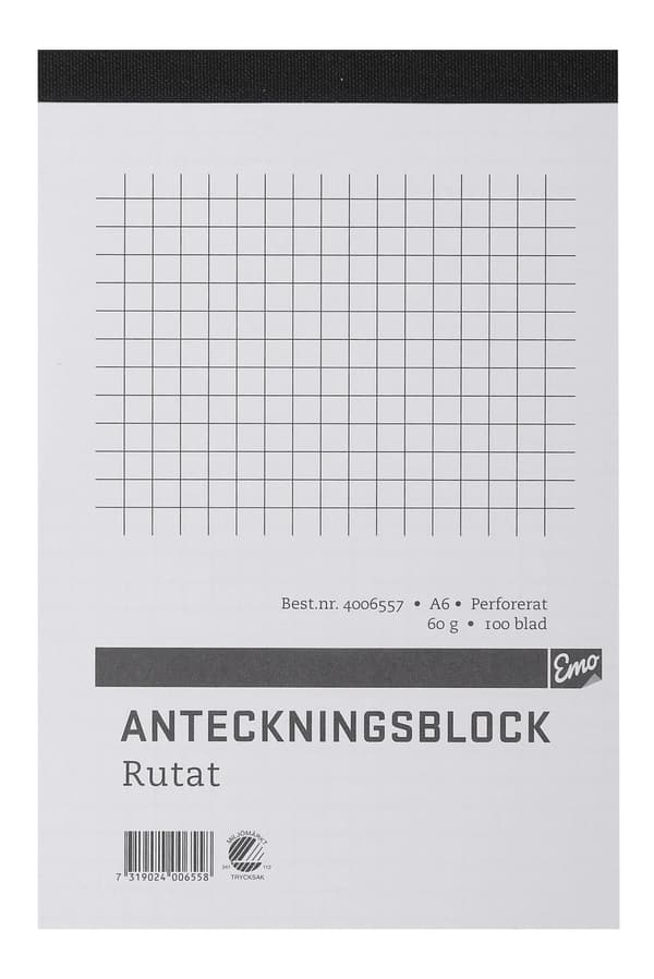 Anteckningsblock A6 100 blad perf rutat 5st