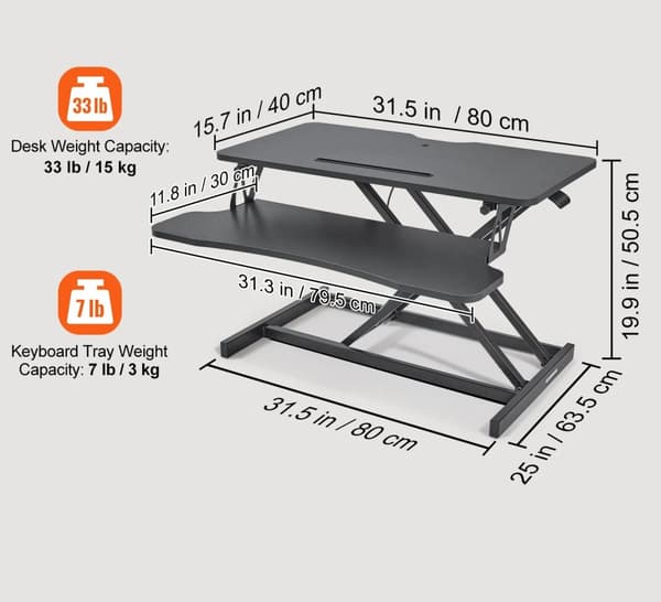 80x40cm dubbellagers stående skrivbordskonverterare med telefonplats, 140-510mm enhandshöjdjustering, rymlig, stabil, lättanvänd