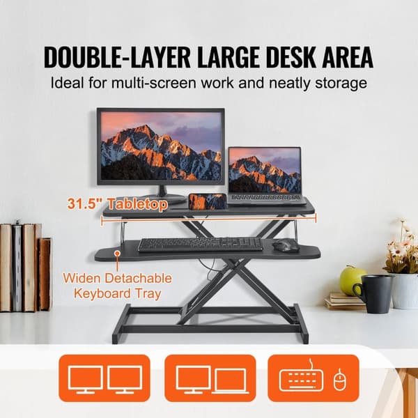 80x40cm dubbellagers stående skrivbordskonverterare med telefonplats, 140-510mm enhandshöjdjustering, rymlig, stabil, lättanvänd
