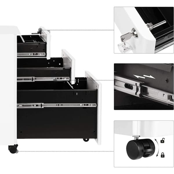 Caisson de Rangement Bureau 3 Tiroirs sur Roulettes Blanc