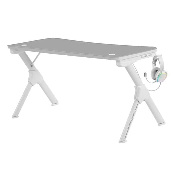 Vit Gamer Skrivbord 140 cm - Mars Gaming MGD140 - Nanotextilmatta - Hörlurar + Drycker Support