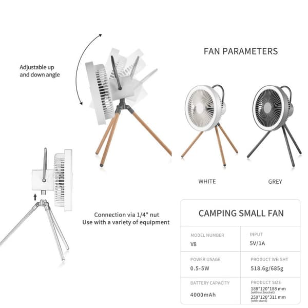 Campingventilator med træstativ - Hvid