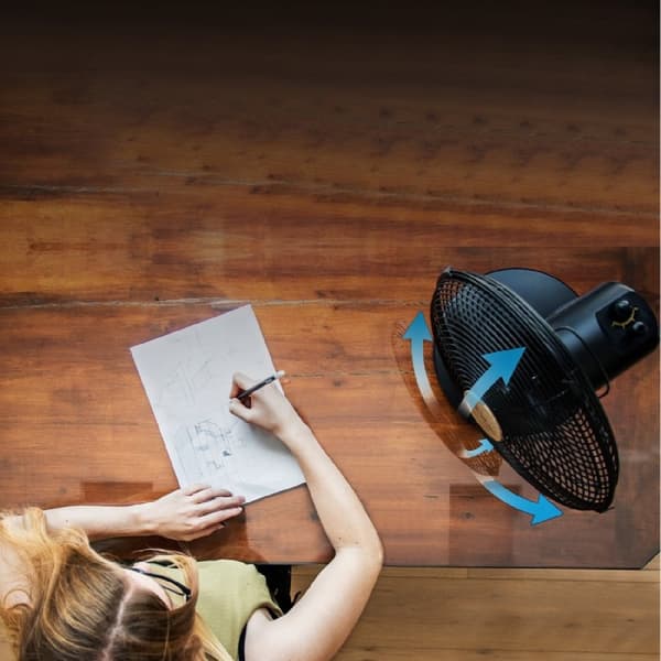 Cecotec Table fan with 40 W and wood-colour finish, 12 inches, 3 speeds, oscillation, silent, adjustable height, 4 blades, and maximum safety.