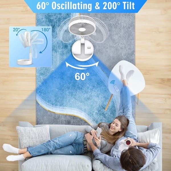 OBOSOE Lattiatuuletin/Pöytätuuletin – Taitettava ja ladattava tuuletin 70cm kaukosäätimellä, ajastimella ja värähtelyllä – Valkoinen