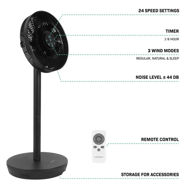 VONROC BREEZE Sladdlös Fläkt – Tyst < 44 dB – 24 hastigheter – 3 vindlägen – Bord- & golvmodell – Touchpanel & fjärrkontroll – Svart
