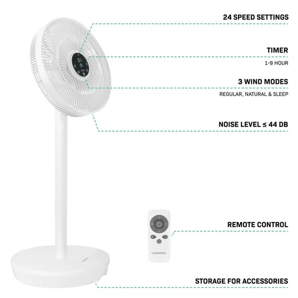 VONROC BREEZE Sladdlös Fläkt – Tyst < 44 dB – 24 hastigheter – 3 vindlägen – Touchpanel & fjärrkontroll – Vit