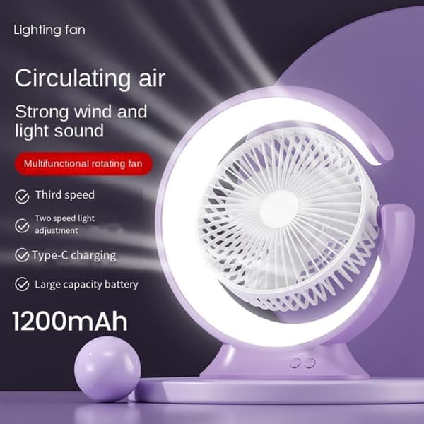 OBOSOE multifunktionel drejelig skrivebordsventilator med LED-lys – 3 hastigheder, USB-opladning