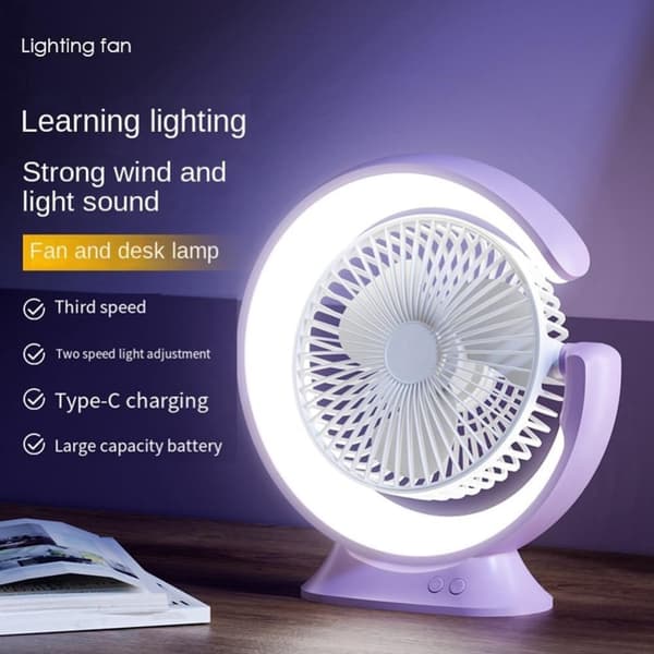 OBOSOE multifunktionel drejelig skrivebordsventilator med LED-lys – 3 hastigheder, USB-opladning