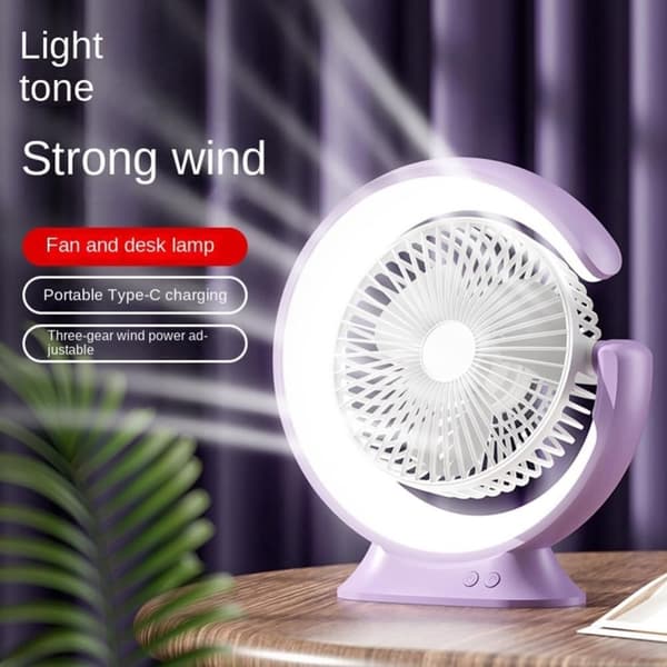 OBOSOE multifunktionel drejelig skrivebordsventilator med LED-lys – 3 hastigheder, USB-opladning