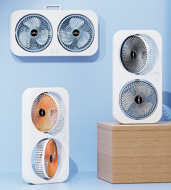 Skrivebordsventilator med dobbelt hoved – vægmonterbar og drejelig, kan stå eller hænge Sort