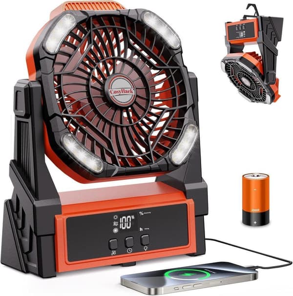 OBOSOE Camping Ventilator med LED Lys, Bærbar Ventilator 20000mAh Batteri, 4 Hastigheder til Udendørs & Telt