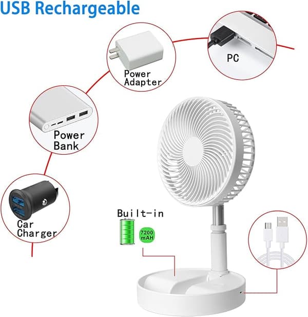 Foldbar gulvventilator / bordventilator – justerbart design med 7200mAh batteri, trådløs og alsidig brug