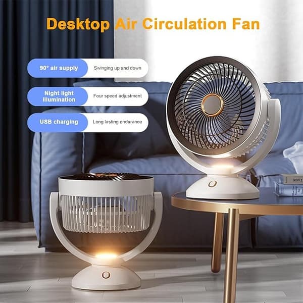 Cirkulationsventilator / gulvventilator med DC-teknologi og natlys – 360° luftcirkulation, støjsvagt design til soveværelser og børneværelser