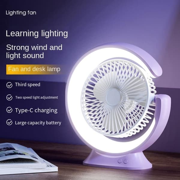 OBOSOE bordventilator 3-i-1 blæser med lampe, bærbar blæser 1200/2400mah, 3 hastigheder