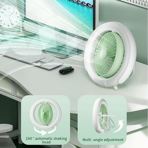 OBOSOE bærbar bordventilator med lys – USB-opladet skrivebordsventilator, 3 hastigheder, bærbar og hængende blæser