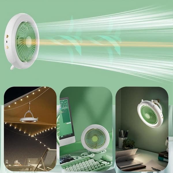 OBOSOE bærbar bordventilator med lys – USB-opladet skrivebordsventilator, 3 hastigheder, bærbar og hængende blæser