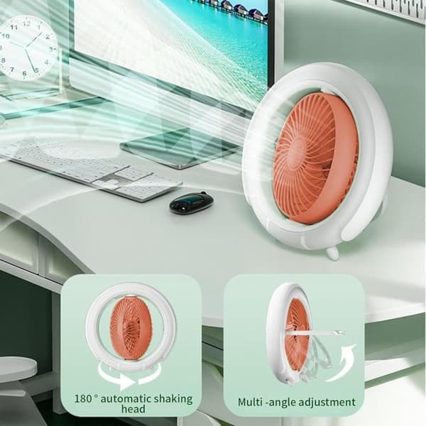 OBOSOE bærbar bordventilator med lys – USB-opladet skrivebordsventilator, 3 hastigheder, bærbar og hængende blæser