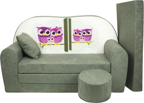 Børnesovesofasæt - gæstemadras - sofa - 170 x 100 x 8 - sovesofa - matgrøn - ugler