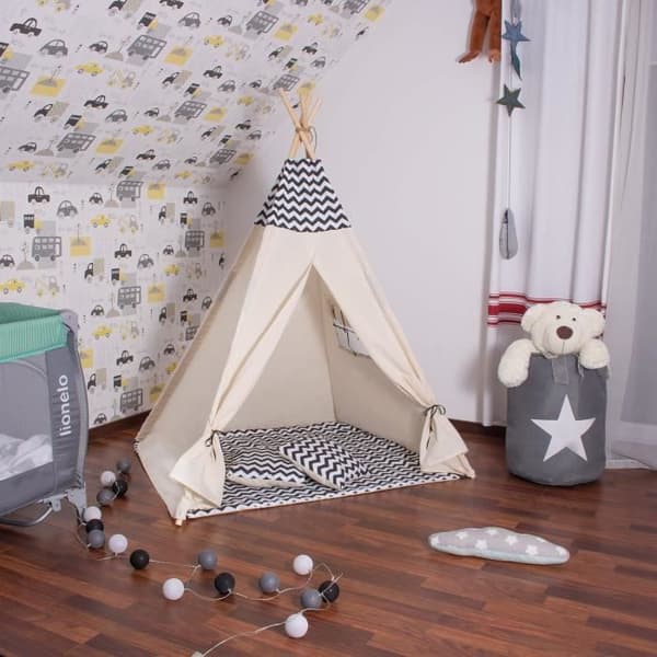 SPRINGOS® barntält i bomull - 160x120x100 cm - Svart sicksack
