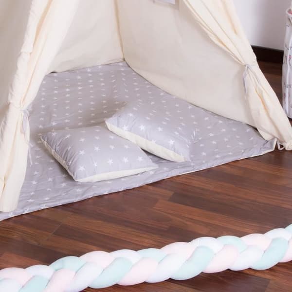 SPRINGOS® tipi-tält för barn i bomull, 2 kuddar ingår - 160x120x100 cm – Stjärnor/grå