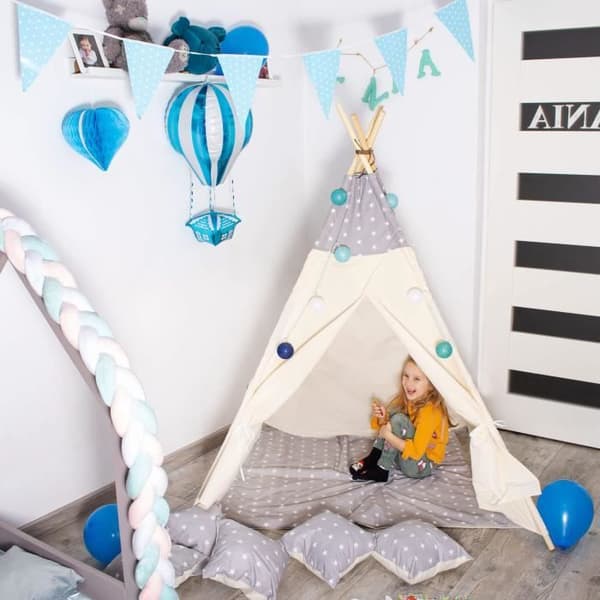 SPRINGOS® tipi-tält för barn i bomull, 2 kuddar ingår - 160x120x100 cm – Stjärnor/grå