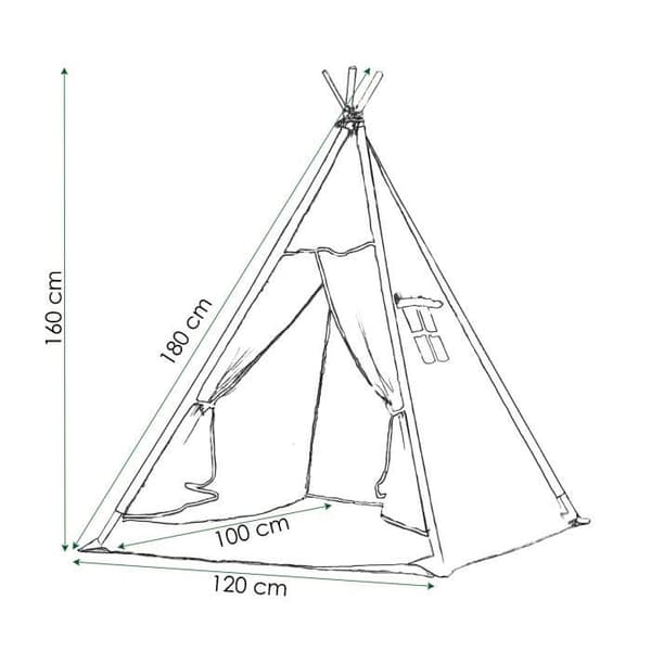 SPRINGOS® tipi-tält för barn i bomull, 2 kuddar ingår - 160x120x100 cm – Grå
