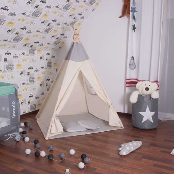 SPRINGOS® tipi-tält för barn i bomull, 2 kuddar ingår - 160x120x100 cm – Grå
