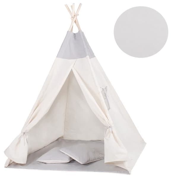SPRINGOS® tipi-tält för barn i bomull, 2 kuddar ingår - 160x120x100 cm – Grå