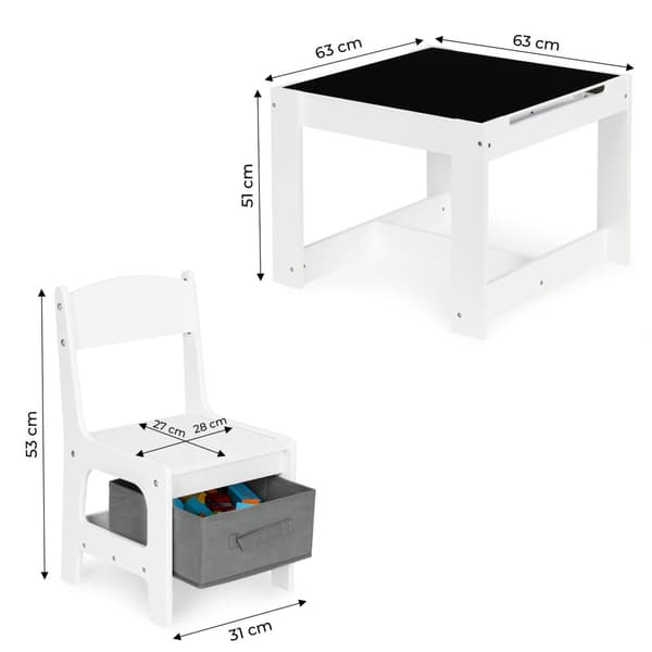 Børnebord og stole - 63x63x51cm - bord dobbeltsidet - hvid