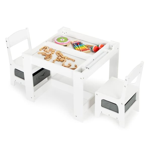 Børnebord og stole - 63x63x51cm - bord dobbeltsidet - hvid