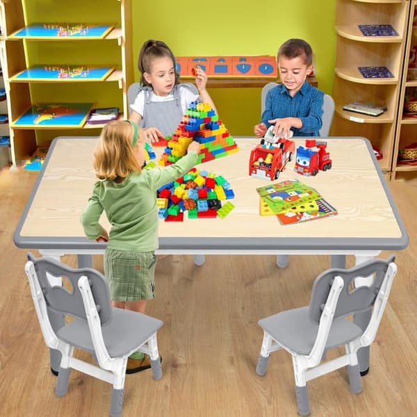 YUENFONG barnbord med 4 stolar, höjdjusterbar sittgrupp, för barn från 2 år och uppåt. grå