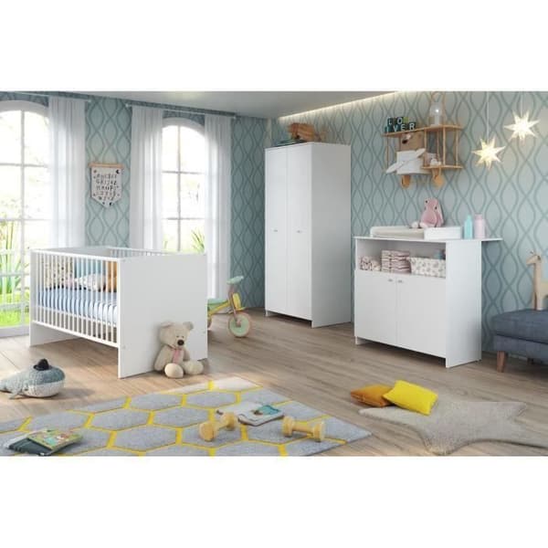 Babyrum Trio: Säng 70 x 140 cm + Skötbord + NIKO garderob - Vit - TREND TEAM