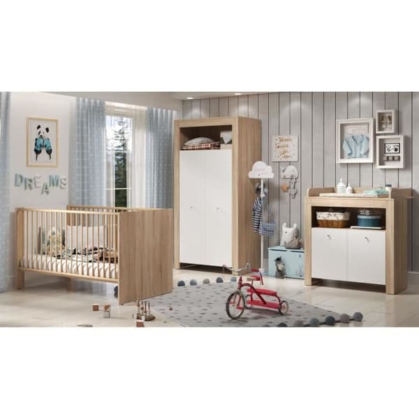 PIA trio babyrum - 70x140 cm säng + 2-dörrars skötbord + 2-dörrars garderob - Sonoma ek och matt vit dekor - TRENDTEAM