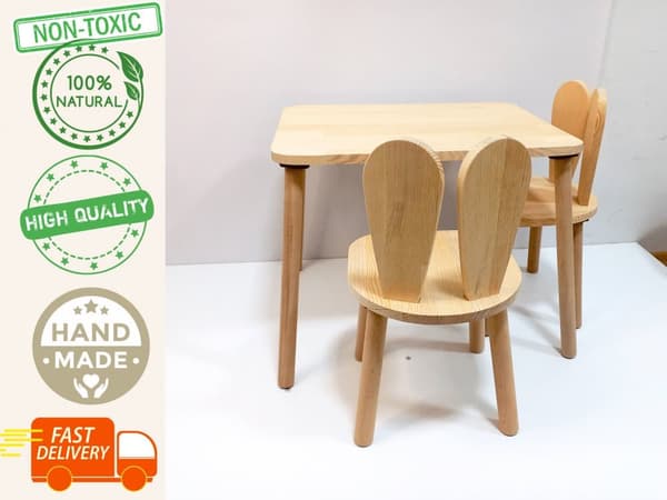 småbarns bord och stolar set - Träbord och stol för barn, kaninstol, trämöbler för barn, Montessori bord och stol, aktivitetsbord