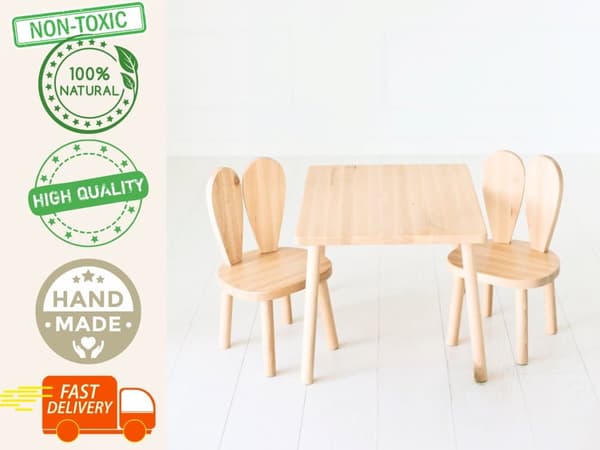 småbarns bord och stolar set - Träbord och stol för barn, kaninstol, trämöbler för barn, Montessori bord och stol, aktivitetsbord
