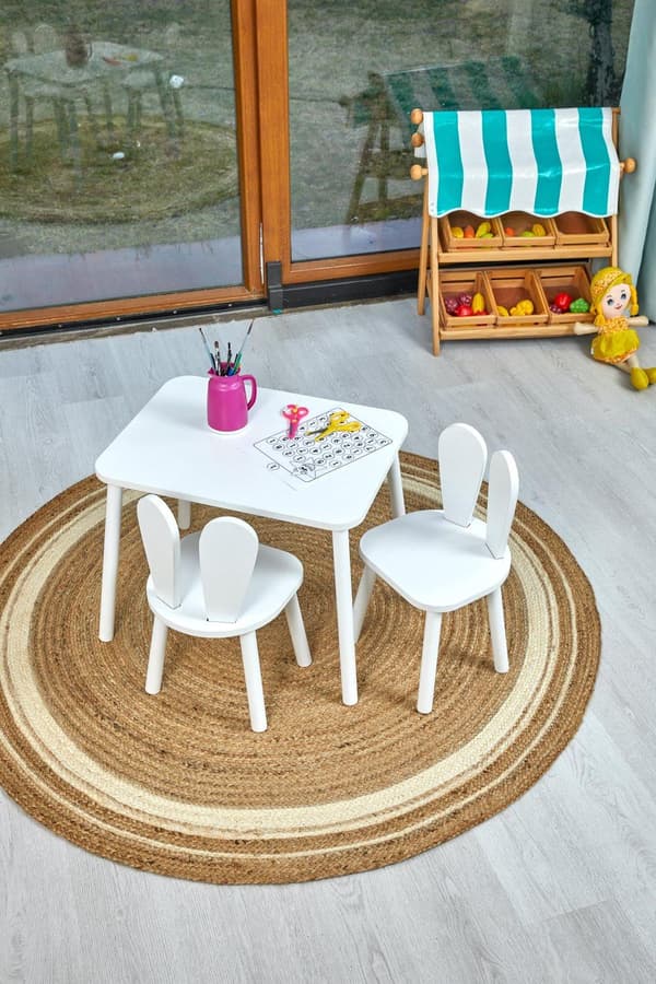 Barnbord och stol i trä - Montessori aktivitetsbord med kaninstol - Nordic design EN71 certifierat barnmöbler