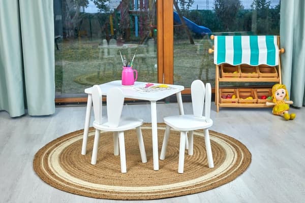 Barnbord och stol i trä - Montessori aktivitetsbord med kaninstol - Nordic design EN71 certifierat barnmöbler