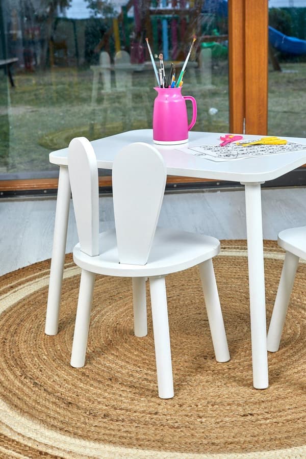 Barnbord och stol i trä - Montessori aktivitetsbord med kaninstol - Nordic design EN71 certifierat barnmöbler