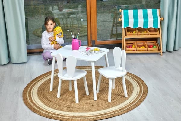 Barnbord och stol i trä - Montessori aktivitetsbord med kaninstol - Nordic design EN71 certifierat barnmöbler